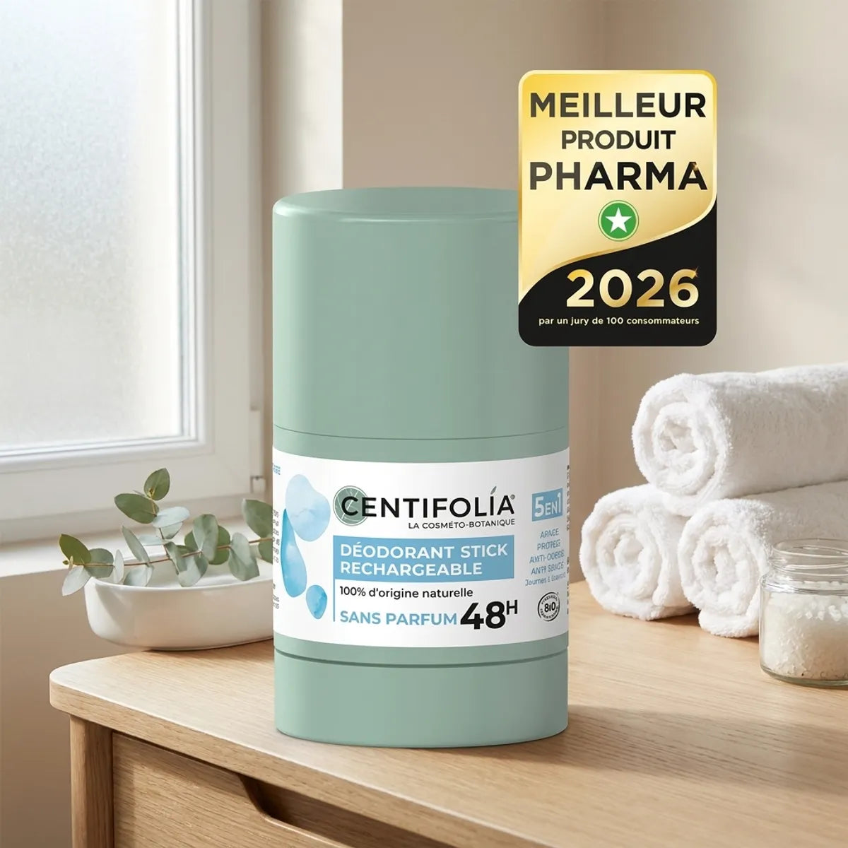 Déodorant Stick Rechargeable Sans Parfum Centifolia 50g sur vanité minimaliste
