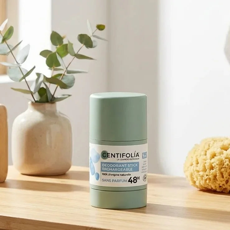 Déodorant stick rechargeable Centifolia sans parfum 50g sur vanité avec accessoires écologiques
