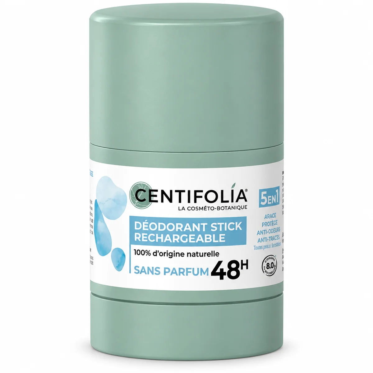 Déodorant stick rechargeable sans parfum Centifolia 50g, vert menthe sur fond blanc