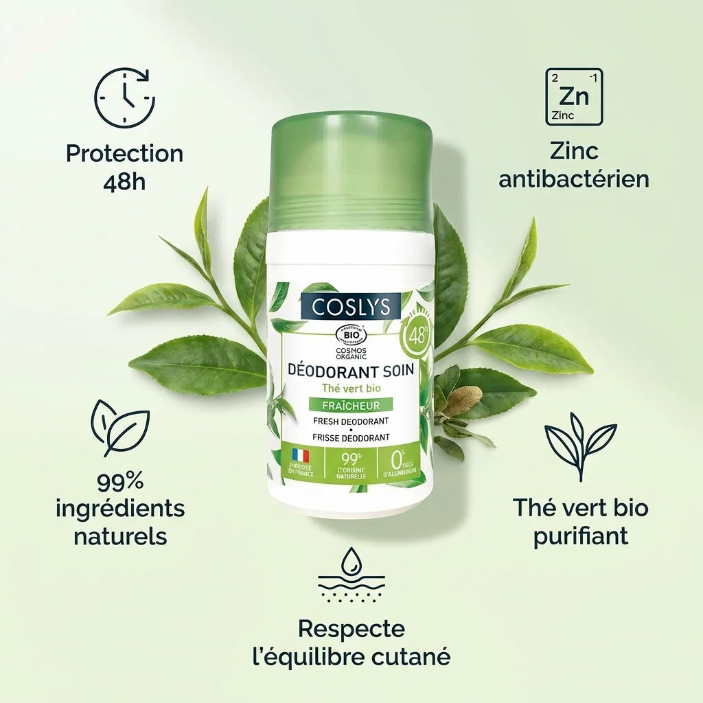 Déodorant Coslys thé vert bio 50ml avec bénéfices: protection 48h, zinc antibactérien, 99% naturel