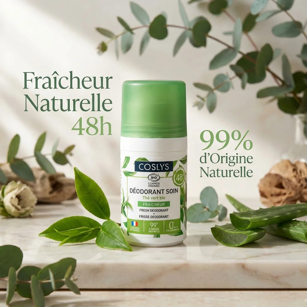 Déodorant Coslys thé vert bio 50ml avec feuilles naturelles sur marbre blanc