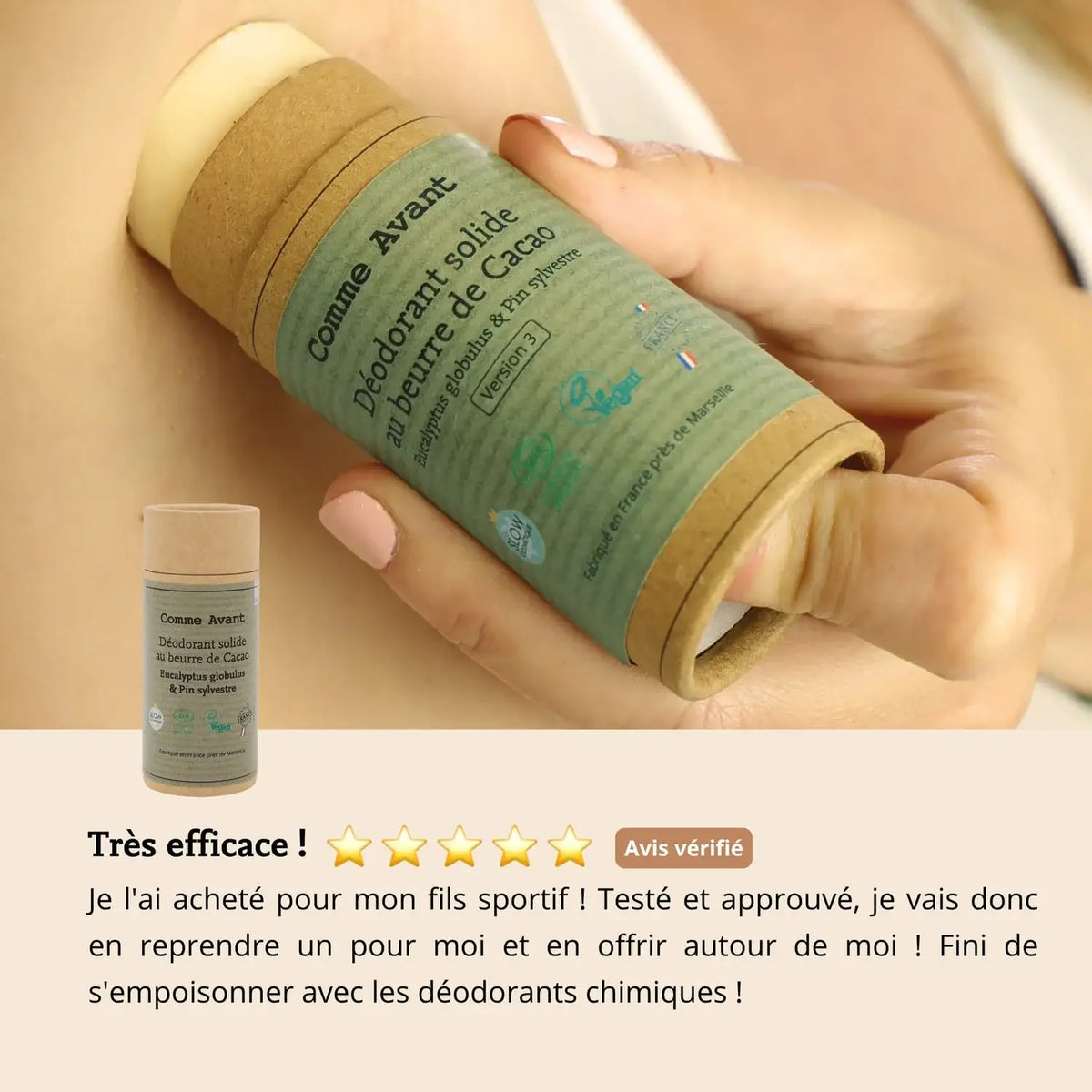 Les avis sur le Déodorant Solide au Beurre de Cacao senteur Eucalyptus & Pin Sylvestre de Comme avant