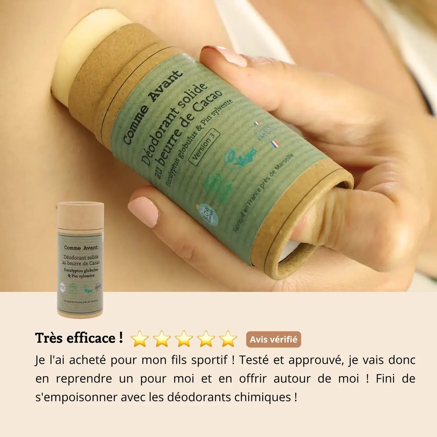 Les avis sur le Déodorant Solide au Beurre de Cacao senteur Eucalyptus & Pin Sylvestre de Comme avant