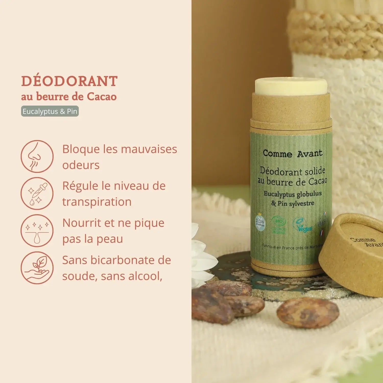 Les bienfaits du Déodorant Solide au Beurre de Cacao senteur Eucalyptus & Pin Sylvestre de Comme avant