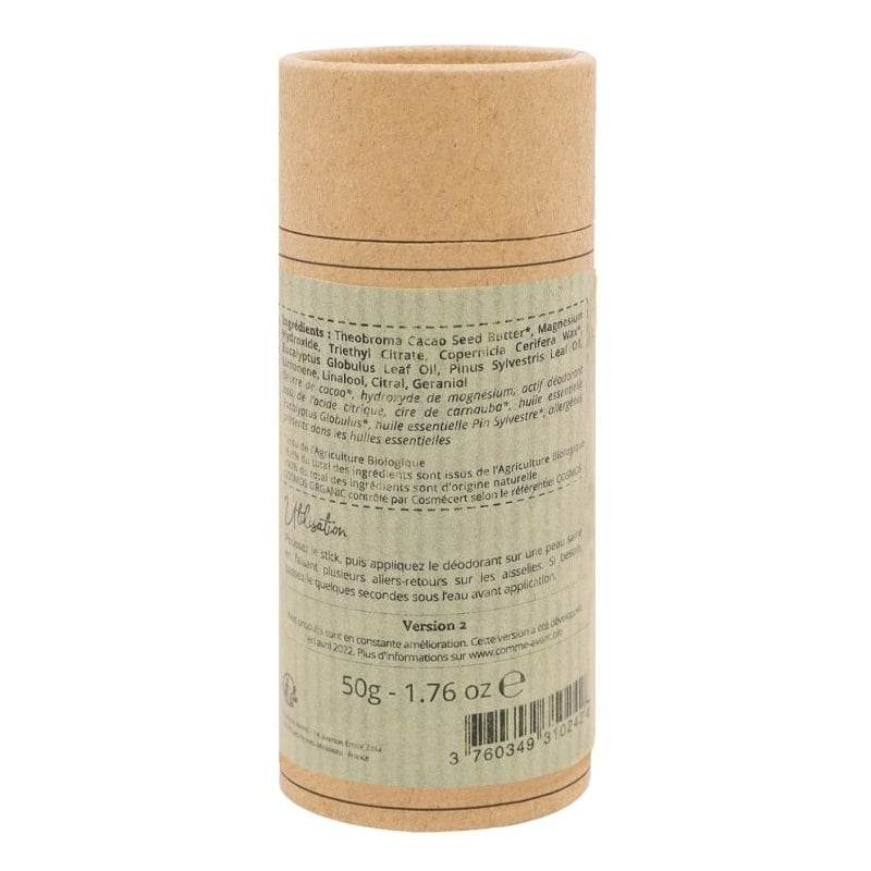 Le verso d'un pack de Déodorant Solide au Beurre de Cacao senteur Eucalyptus & Pin Sylvestre de Comme avant