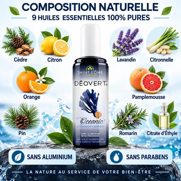 Déovert Océanic déodorant naturel 100ml avec 9 huiles essentielles pures, sans aluminium ni parabens