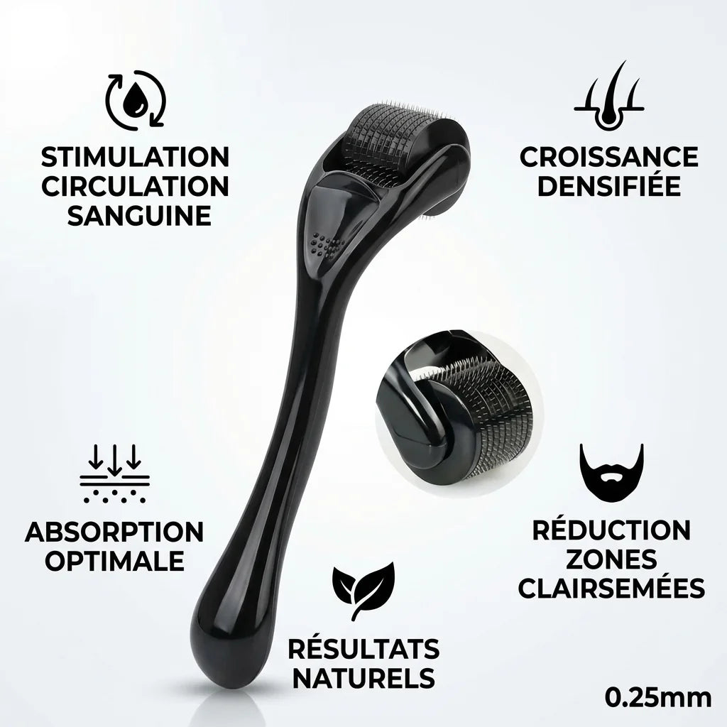 Dermaroller barbe 0,25mm avec 5 bénéfices : stimulation circulation, croissance densifiée, absorption optimale