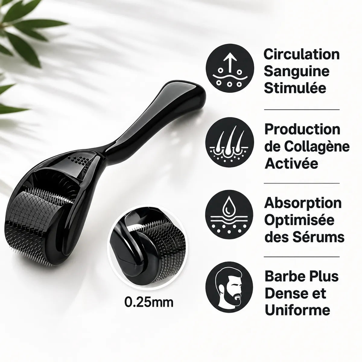 Dermaroller barbe 0,25 mm avec bénéfices : circulation, collagène, absorption sérums, barbe dense