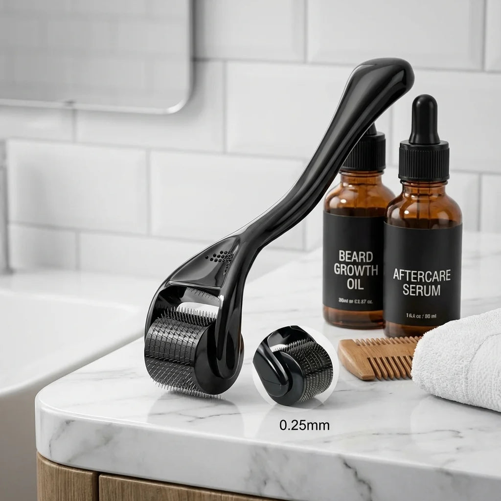 Dermaroller barbe 0,25mm noir avec huile et sérums de soin sur surface marbre