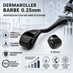 Dermaroller Barbe 0,25mm avec infographies stimulation circulation sanguine et résultats cliniques