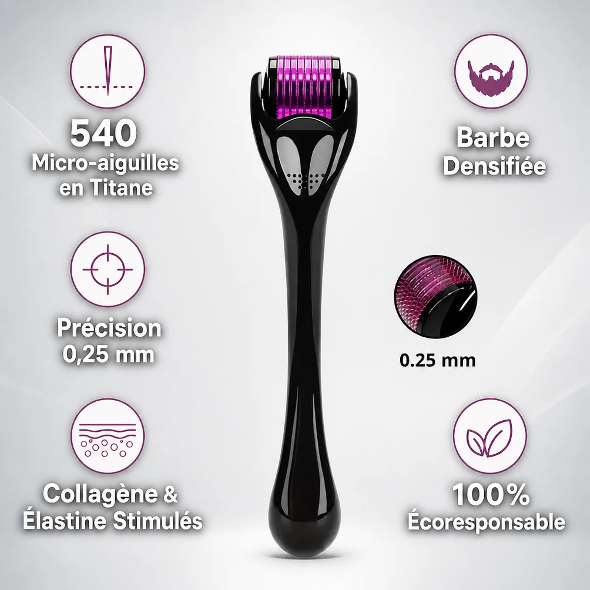 Dermaroller barbe 0,25mm noir violet avec 540 micro-aiguilles titane pour densifier la barbe