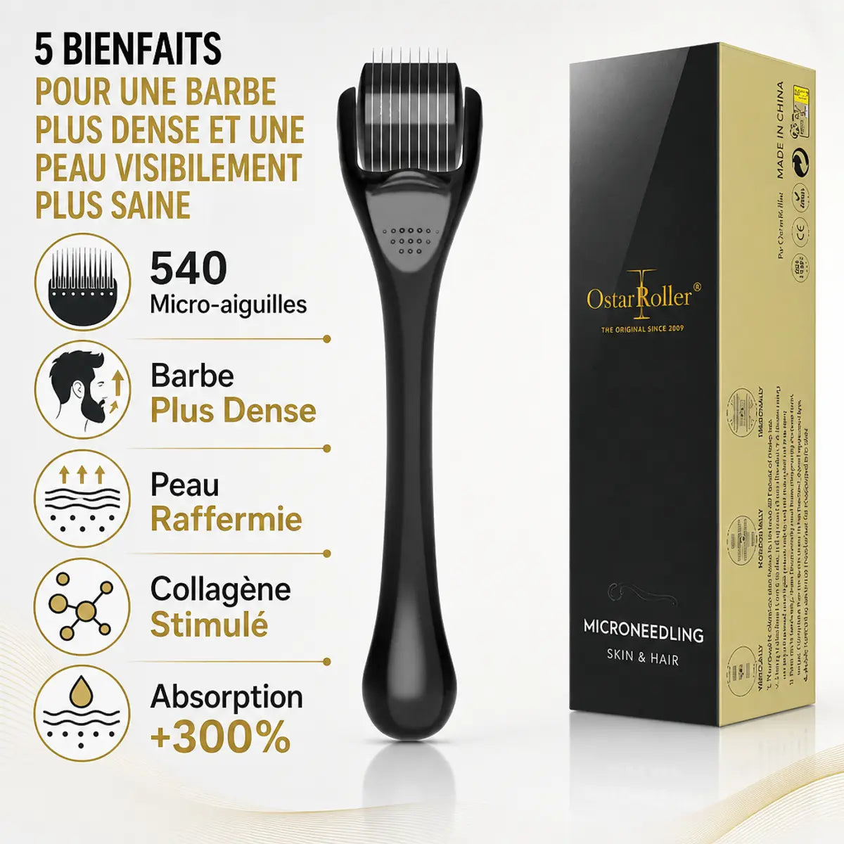 Dermaroller Barbe 0,50mm noir avec 540 micro-aiguilles pour barbe dense et peau raffermie