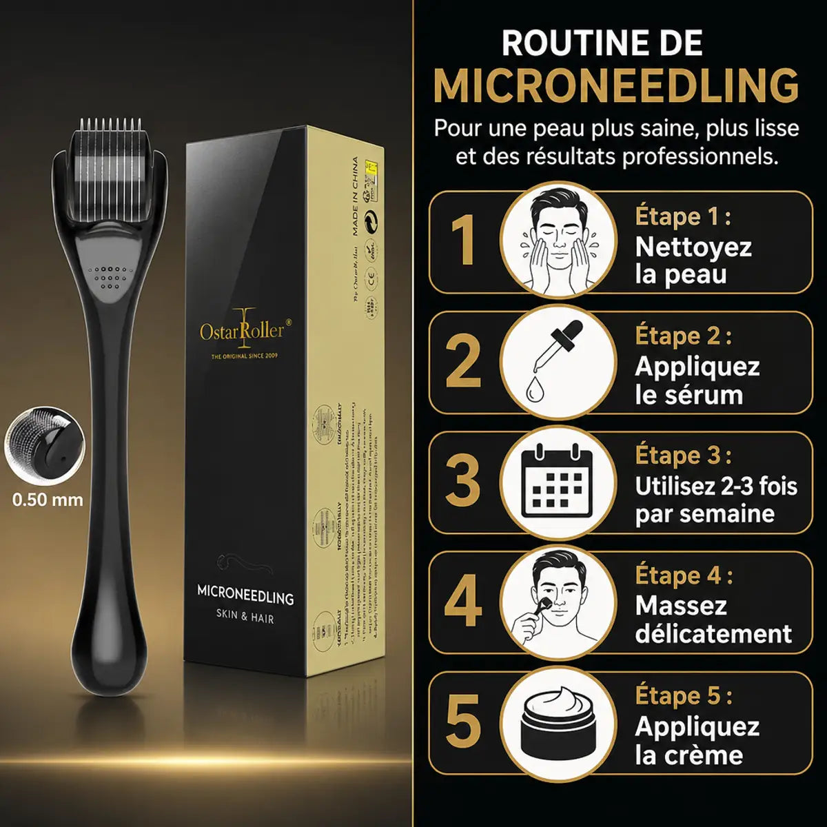 Dermaroller barbe 0,50mm noir - Guide d'utilisation 5 étapes pour la croissance de la barbe