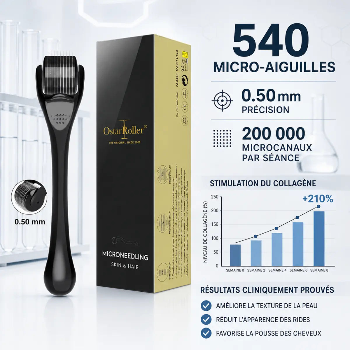 Dermaroller barbe 0,50mm noir Ostar avec 540 micro-aiguilles et résultats cliniquement prouvés