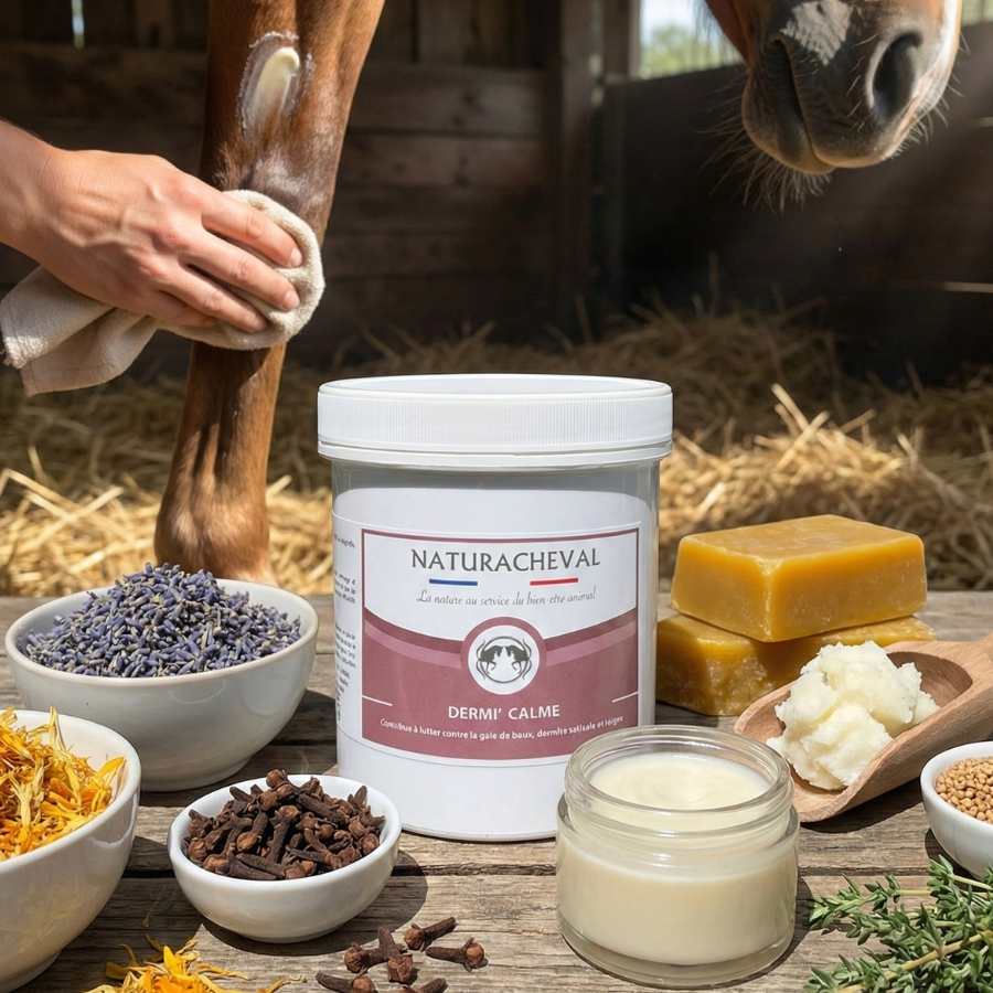 Un pot de dermi'calme de la marque naturacheval posé à côté d'ingrédients le composant avec un homme appliquant du baume sur un cheval