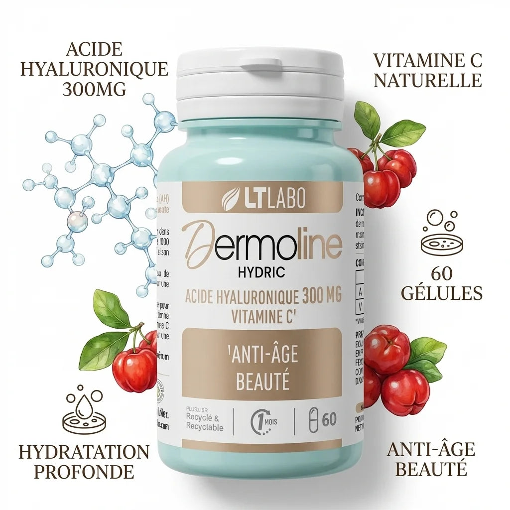 Dermoline Hydric 60 gélules - flacon turquoise avec ingrédients acide hyaluronique et vitamine C