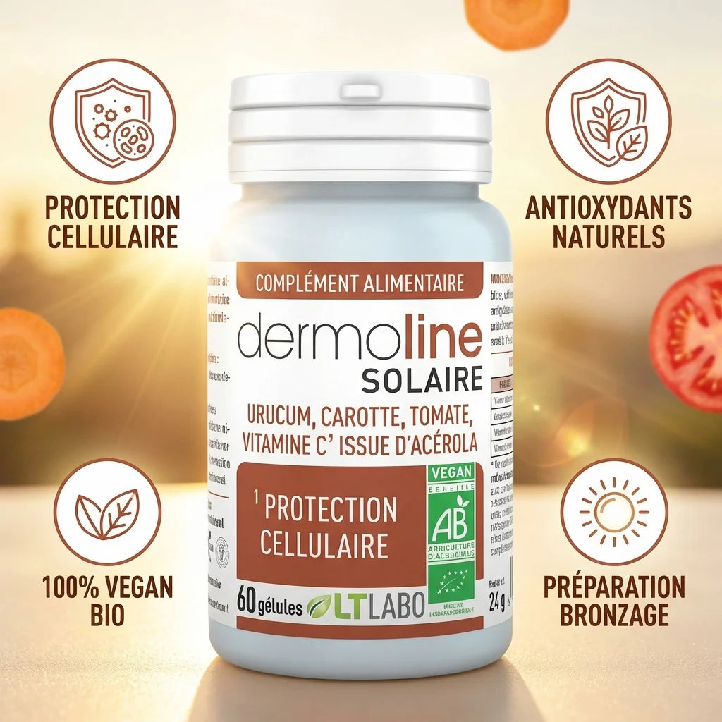 Dermoline Solaire Bio 60 gélules LT Labo avec icônes bénéfices protection cellulaire antioxydants naturels
