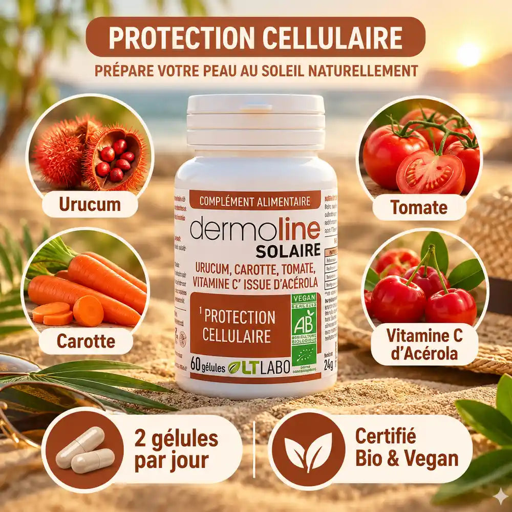 Dermoline Solaire Bio 60 gélules - Supplément bio protection solaire avec carotte, tomate et vitamine C