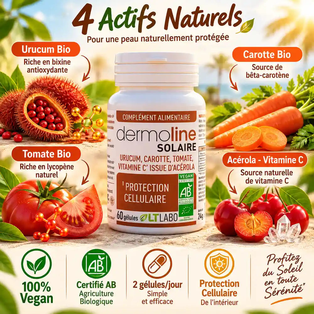 Dermoline Solaire Bio 60 gélules - flacon avec ingrédients naturels : Urucum, Carotte, Tomate, Acérola