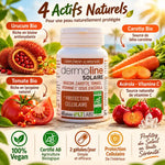 Dermoline Solaire Bio 60 gélules - flacon avec ingrédients naturels : Urucum, Carotte, Tomate, Acérola