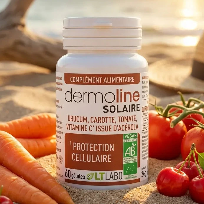 Dermoline Solaire Bio 60 gélules LT Labo avec ingrédients bio sur plage au coucher de soleil