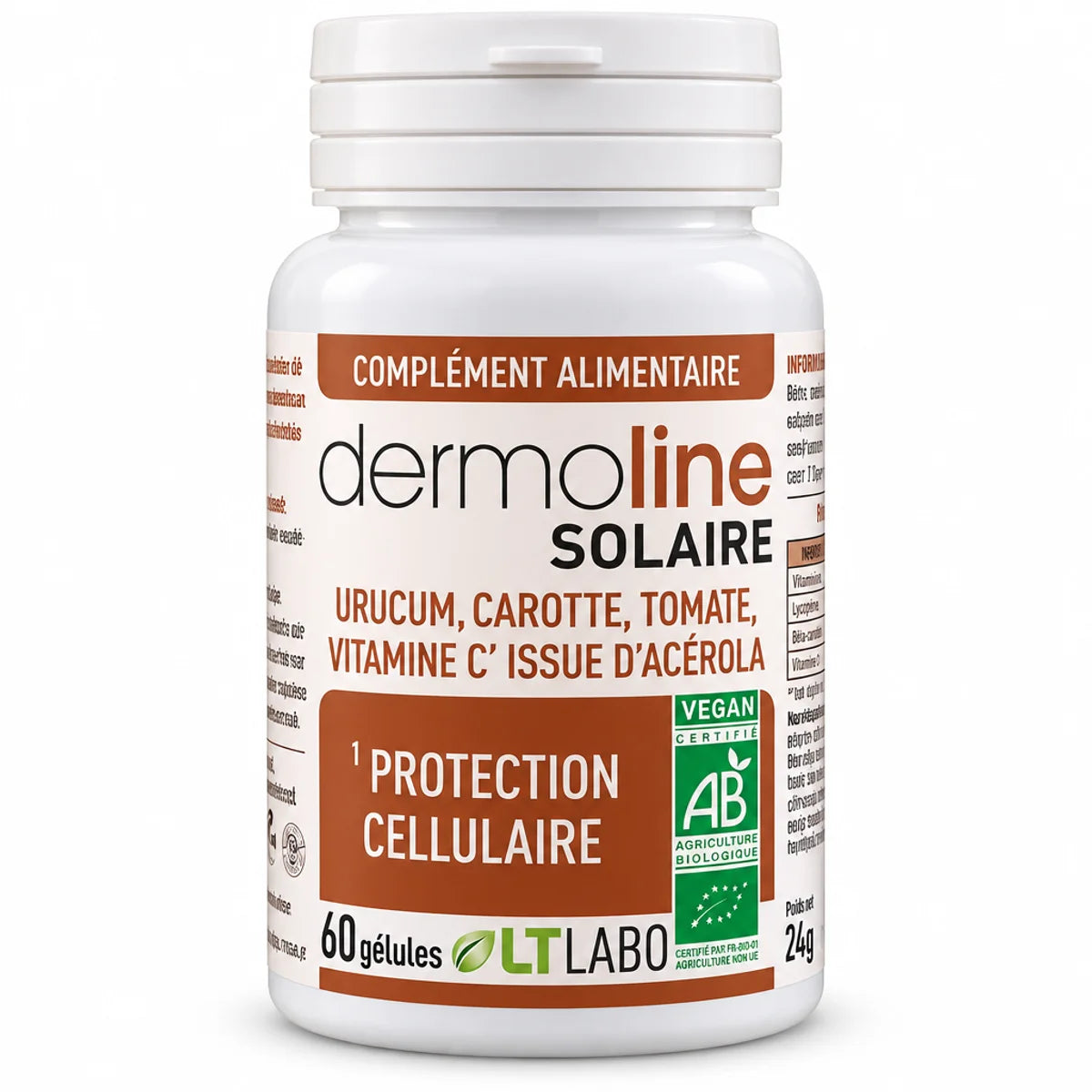 Dermoline Solaire Bio 60 gélules LT Labo - flacon blanc avec étiquette brune et certifications bio