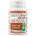 Dermoline Solaire Bio 60 gélules LT Labo - flacon blanc avec étiquette brune et certifications bio