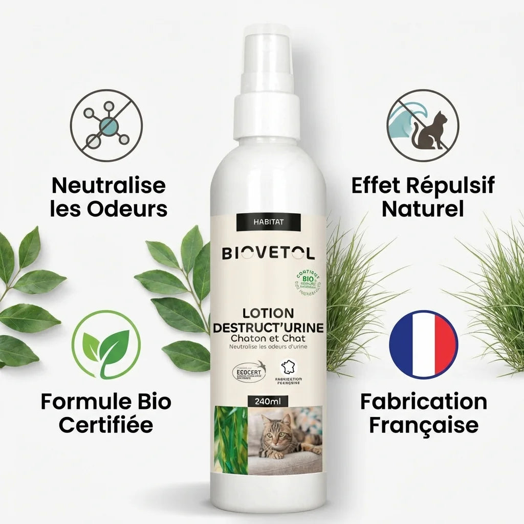 Spray Destruct'Urine Biovetol chat - Neutralise odeurs urine, répulsif naturel, bio certifié