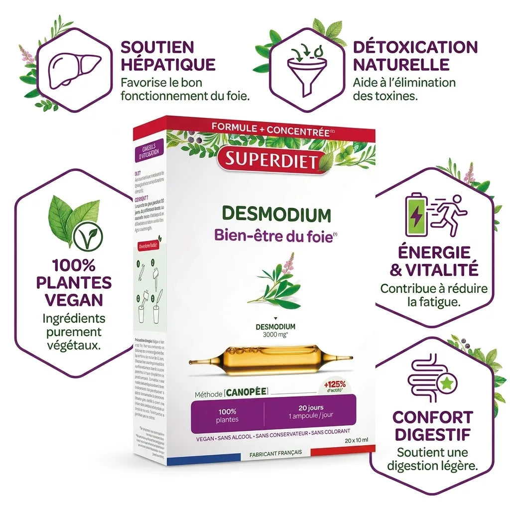 Desmodium 20 ampoules Superdiet - Soutien hépatique et détoxication naturelle avec 5 bénéfices clés