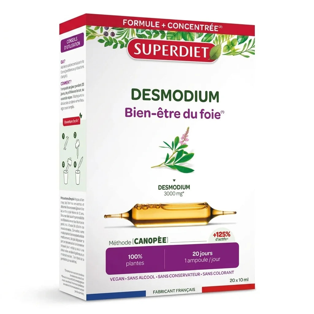 Desmodium Superdiet 20 ampoules 15ml, complément alimentaire en flacon doré sur packaging rouge et blanc