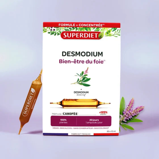 Photo d'ambiance d'une boite de Desmodium de 20 Ampoules de 15 ml de Superdiet