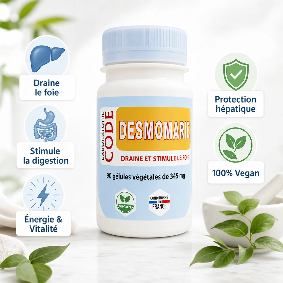 Desmomarie 90 gélules - Complément hépatique vegan du Laboratoire Code avec bénéfices digestifs