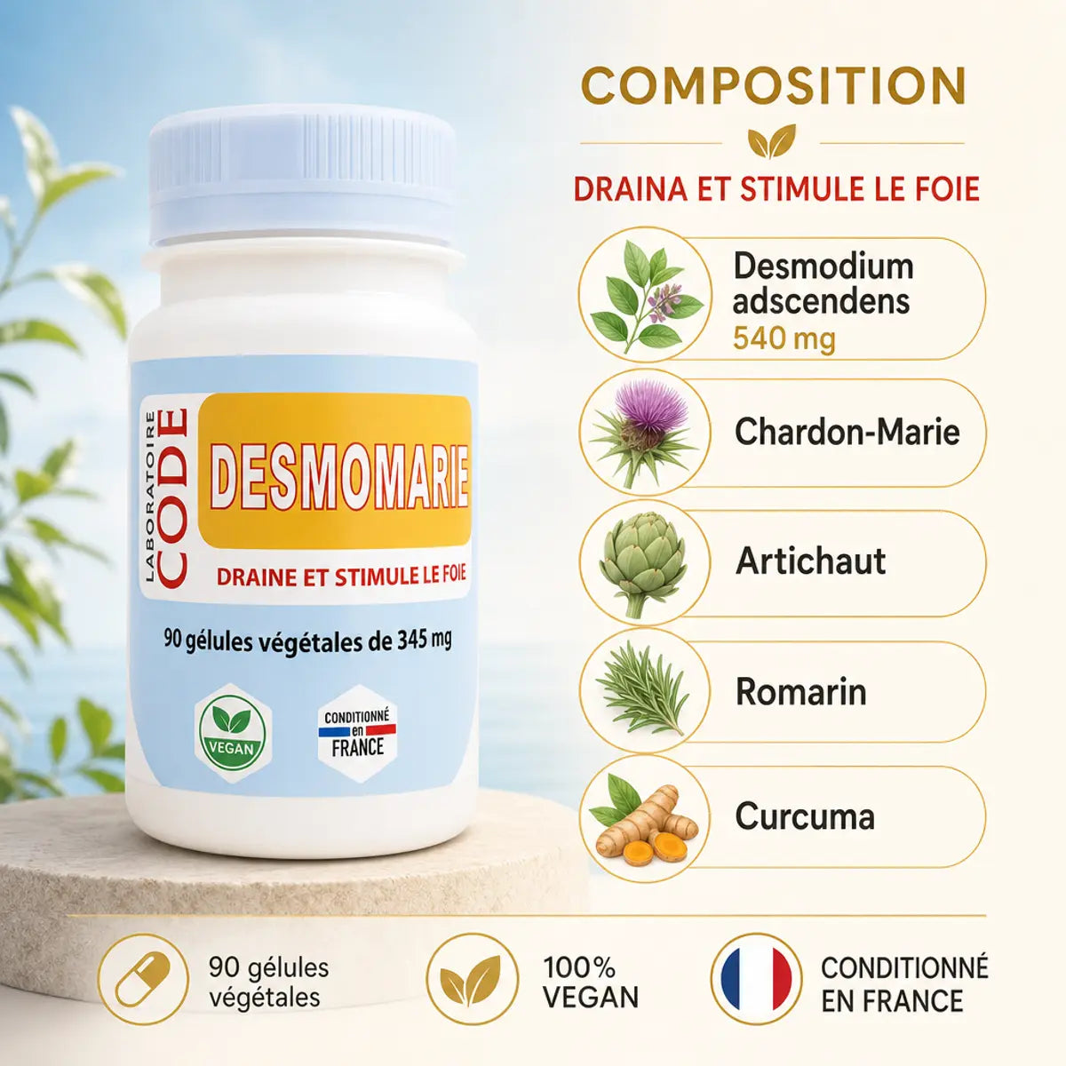 Desmomarie 90 gélules Laboratoire Code - complément foie avec Desmodium, Chardon-Marie et Curcuma