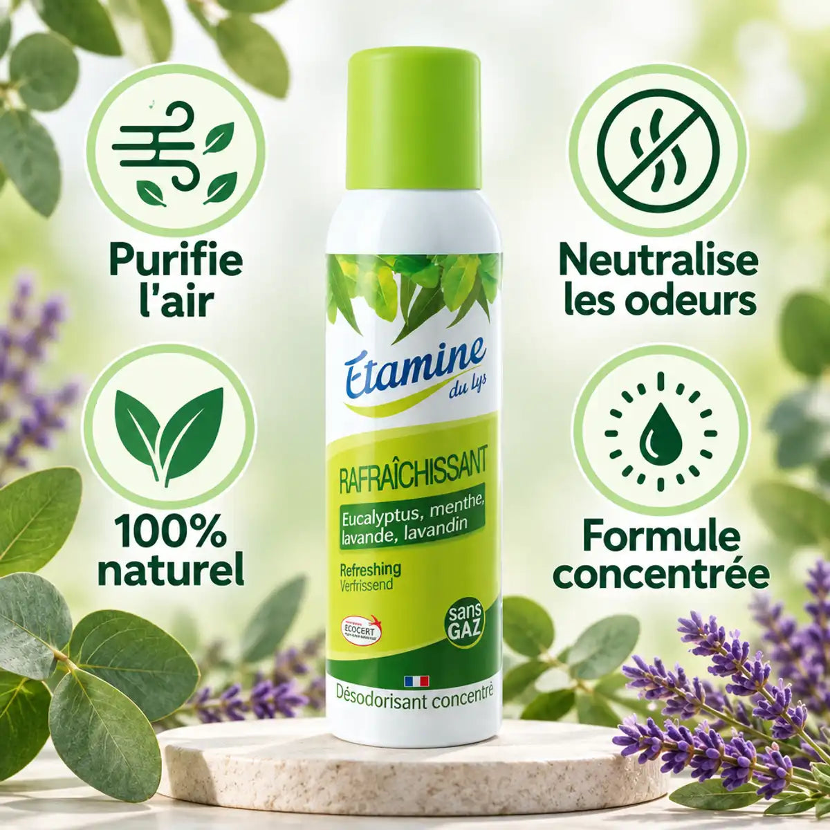 Désodorisant Etamine du Lys 125ml naturel avec bénéfices: purifie l'air, neutralise odeurs