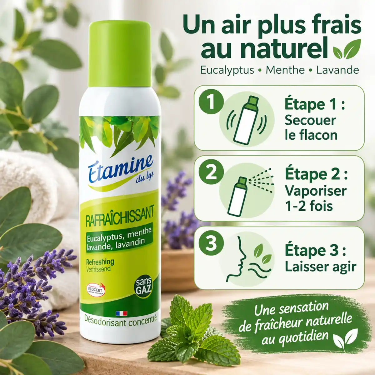 Désodorisant Etamine du Lys 125ml spray avec instructions d'utilisation et éléments botaniques naturels
