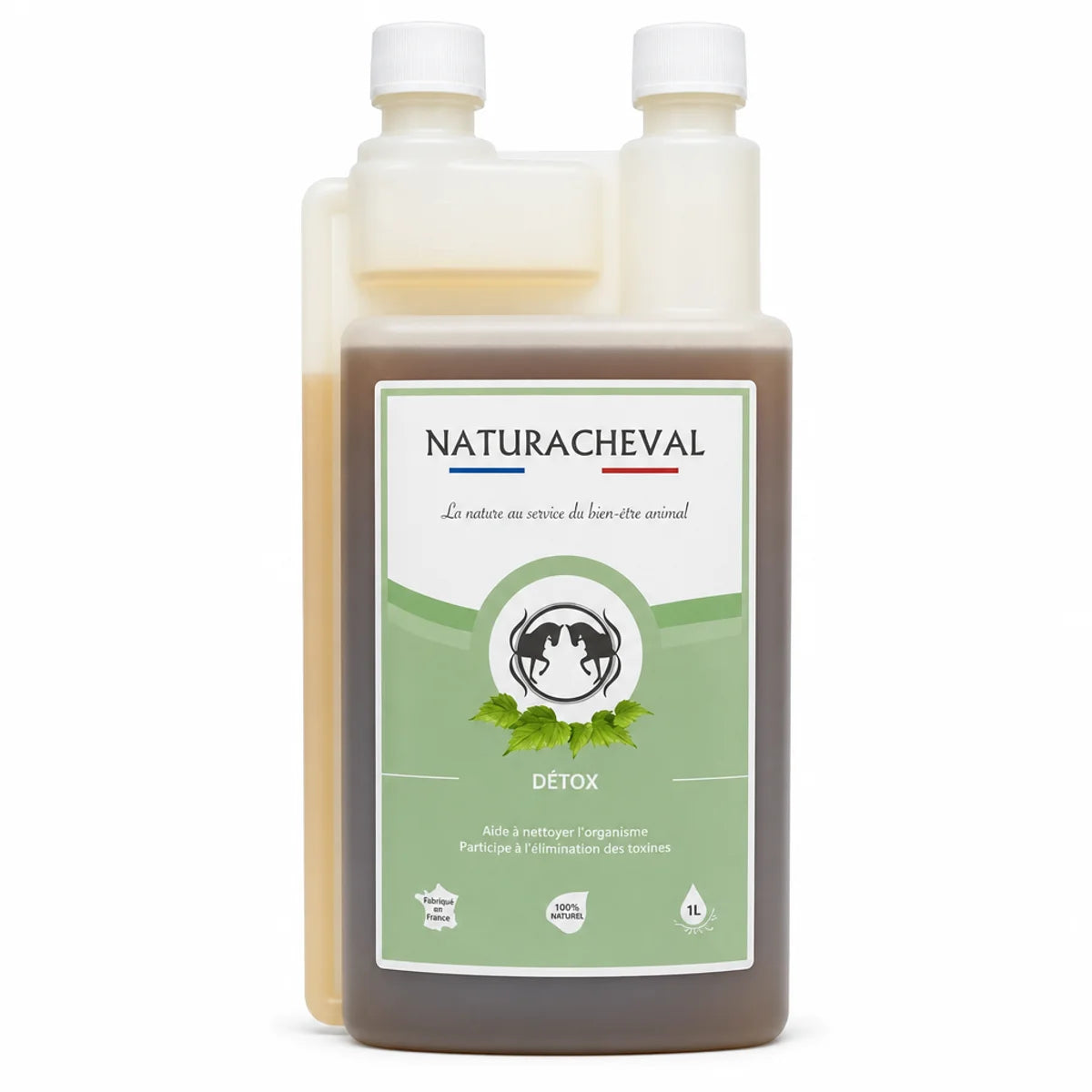 Bouteille Detox Cheval 1L Naturacheval sur fond blanc, complément alimentaire équin de drainage et purification