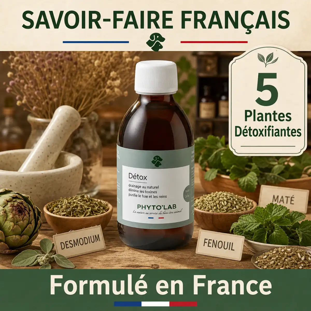 Détox Chien & Chat 250ml Phyto'Lab - Flacon verre soutien foie reins formule française
