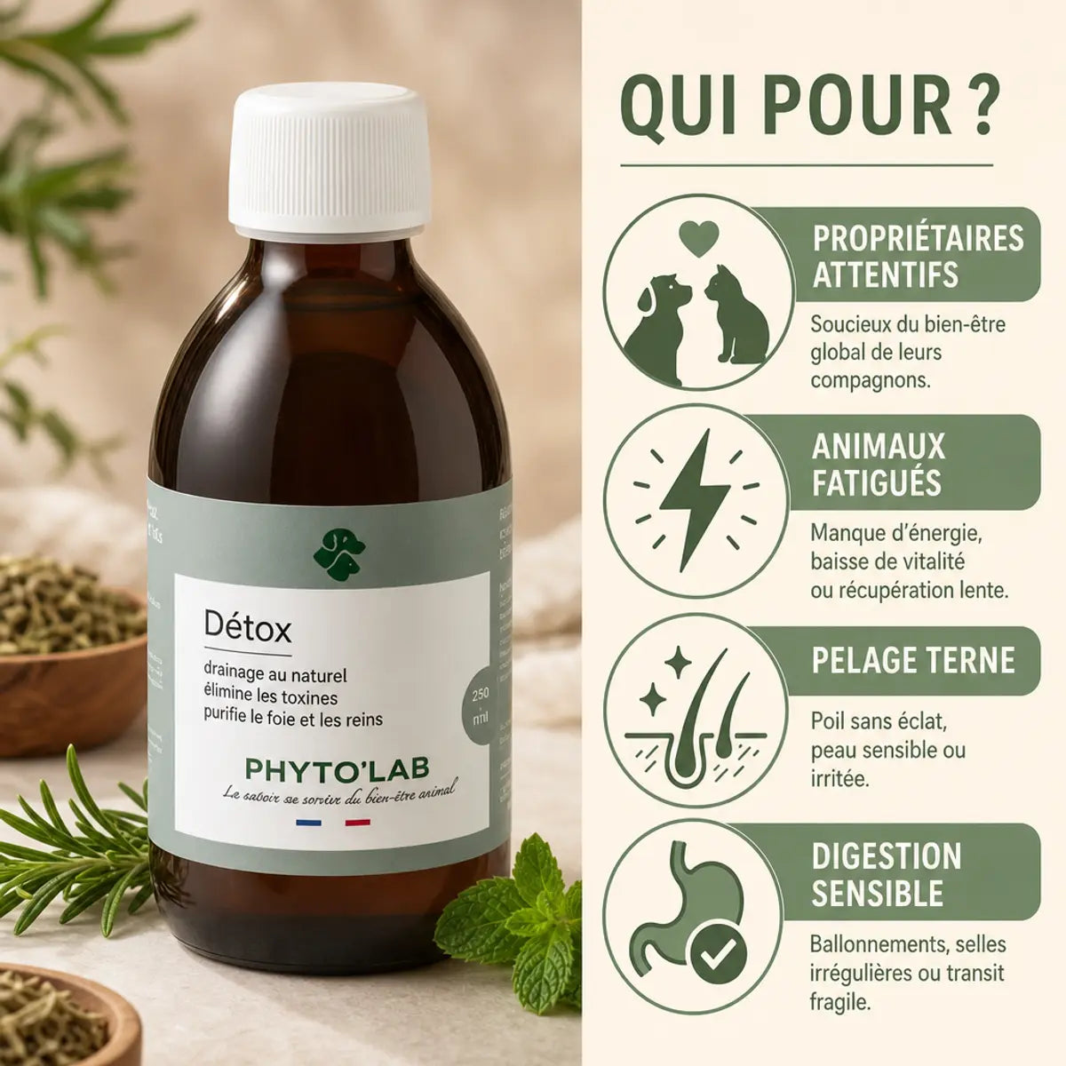 Détox Chien Chat Phyto'Lab 250ml - Support foie reins animaux fatigués pelage terne digestion