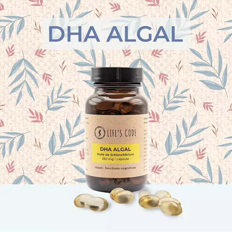 Une boite de DHA algal (Oméga 3 végétal), un complément à base d'Huile de Schizochytrium de la marque Life's Code