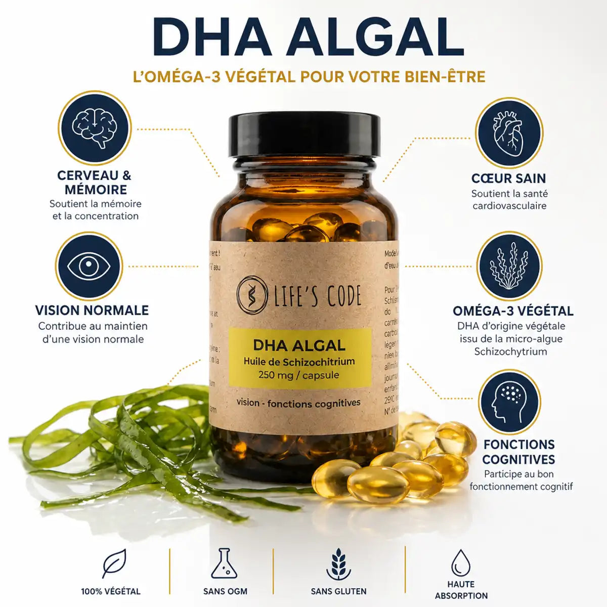DHA algues Life's Code - Oméga 3 végétal Schizochytrium avec bénéfices cerveau, vision et cœur