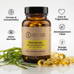 Bouteille DHA algues Oméga 3 Life's Code avec bénéfices : cerveau, vision, cœur, développement fœtal