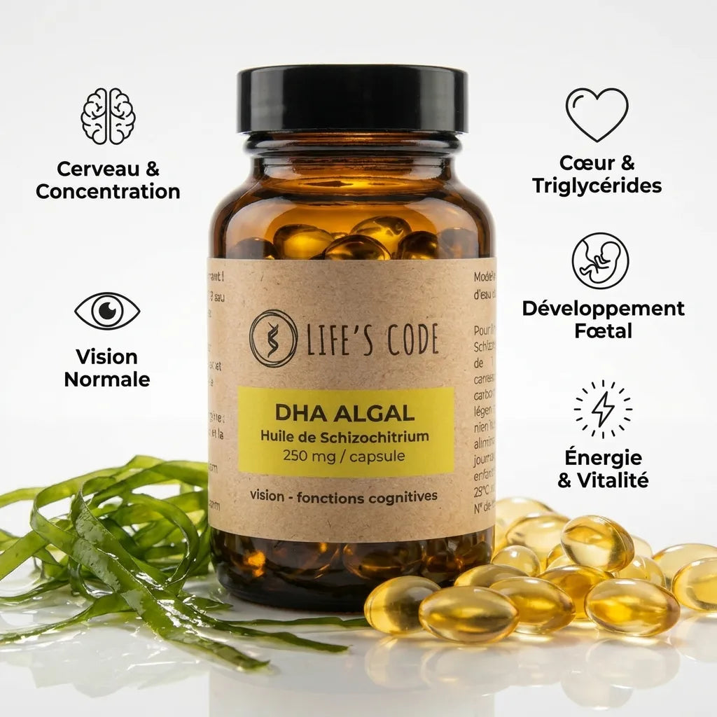 Bouteille DHA algues Oméga 3 Life's Code avec bénéfices : cerveau, vision, cœur, développement fœtal