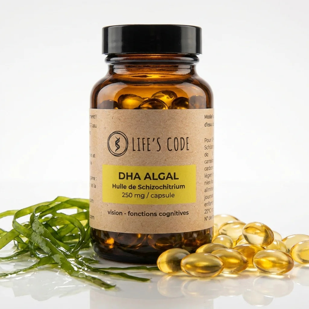 Bouteille DHA algues Oméga 3 Life's Code avec capsules dorées et algues vertes