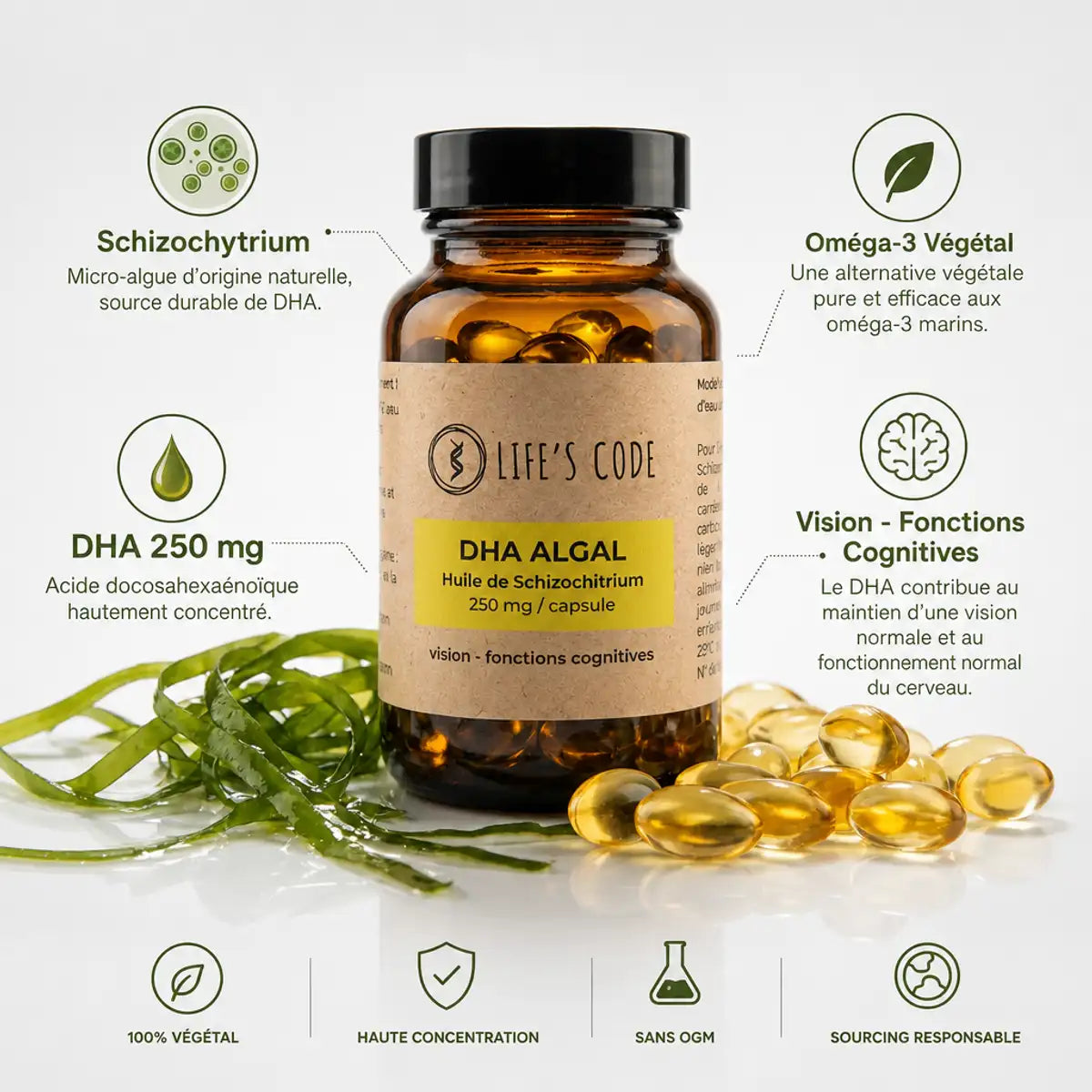Complément DHA Algues Schizochytrium Life's Code - Oméga 3 végétal 250mg capsules