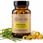 Bouteille Life's Code DHA Algues Oméga 3 végétal avec capsules dorées et algues vertes