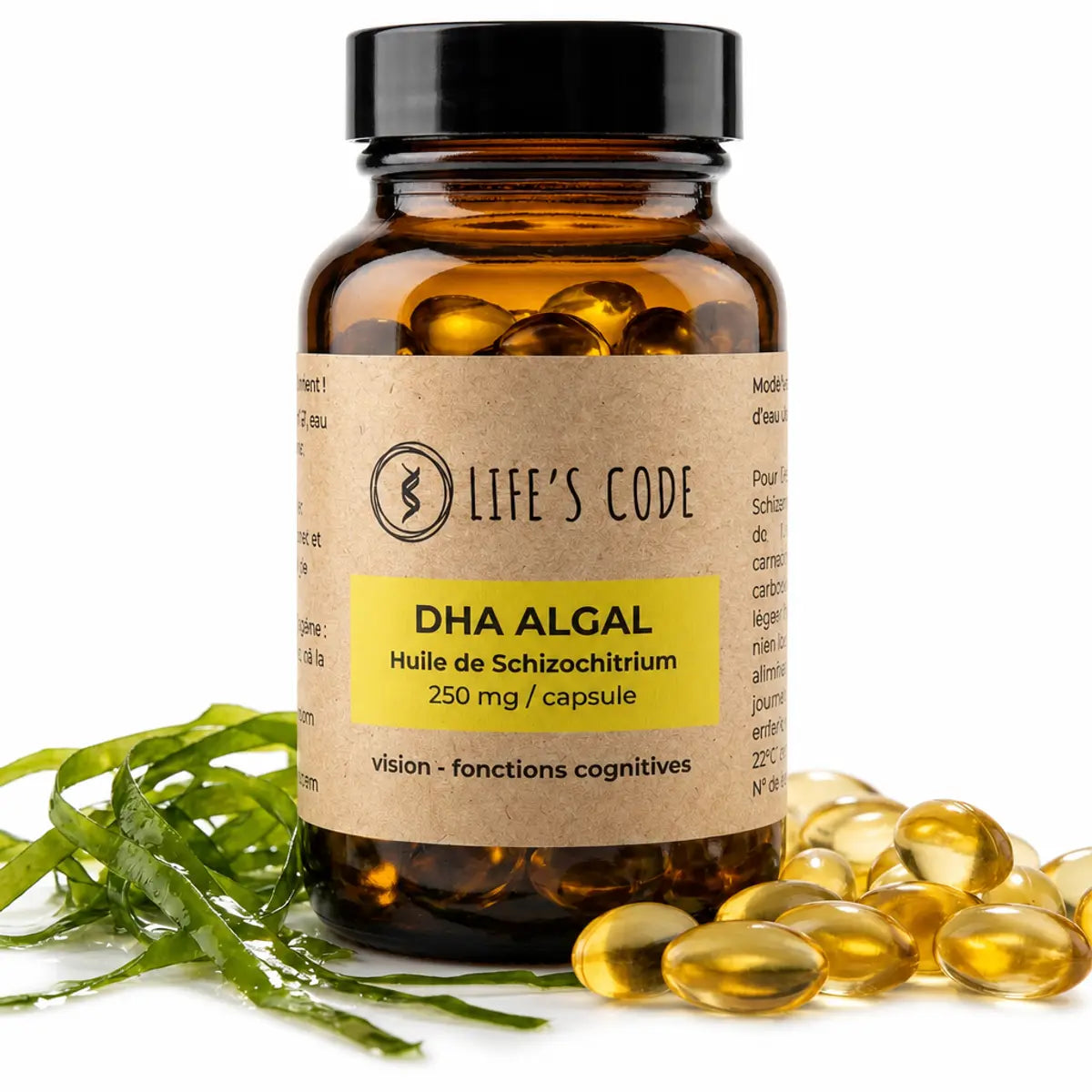Bouteille Life's Code DHA Algues Oméga 3 végétal avec capsules dorées et algues vertes