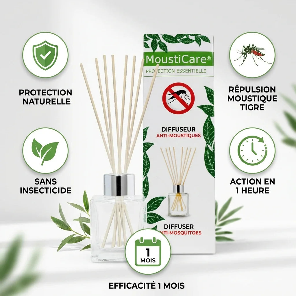 Diffuseur anti-moustique MoustiCare avec 8 bâtonnets rotin et infographies bénéfices