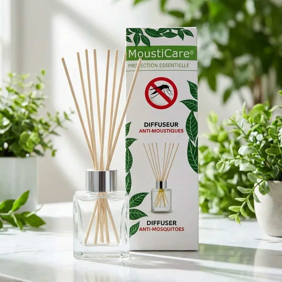 Diffuseur anti-moustique MoustiCare avec 8 bâtonnets en rotins sur surface marbre blanc