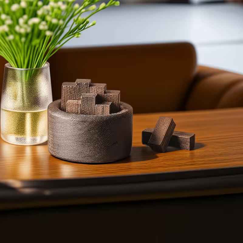 Diffuseur d'huiles essentielles en bois cylindrique déco posé sur une table en bois