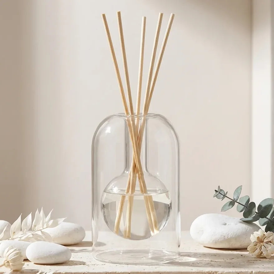 Diffuseur de parfum bâtonnet en verre soufflé avec tiges en rotin naturel, style minimaliste luxe
